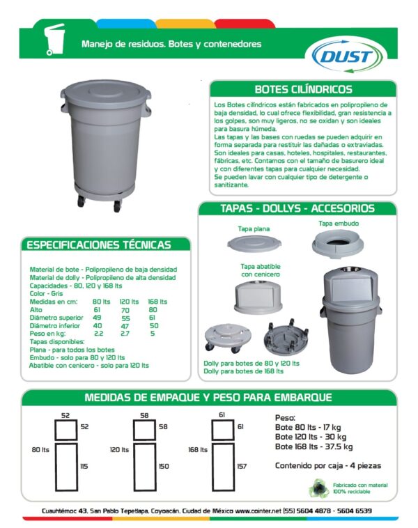 Bote para basura cilíndrico 80 litros Con ruedas tipo Embudo DUST - Imagen 5