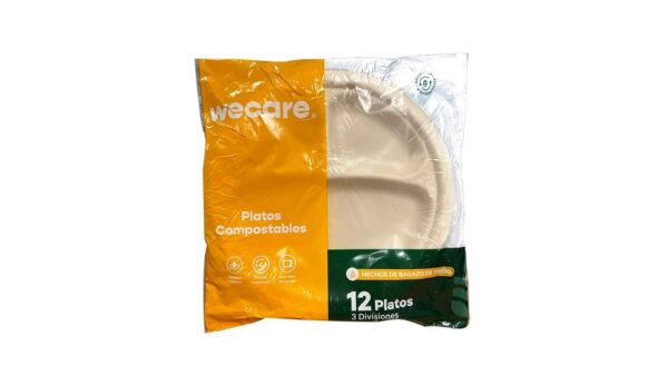 Platos desechables Wecare compostables N°9 con 3 divisiones 12 pzas